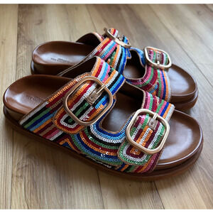 White Lotus x Aqua Sandals Multicolor Sequin Gold Buckle Resort Wear